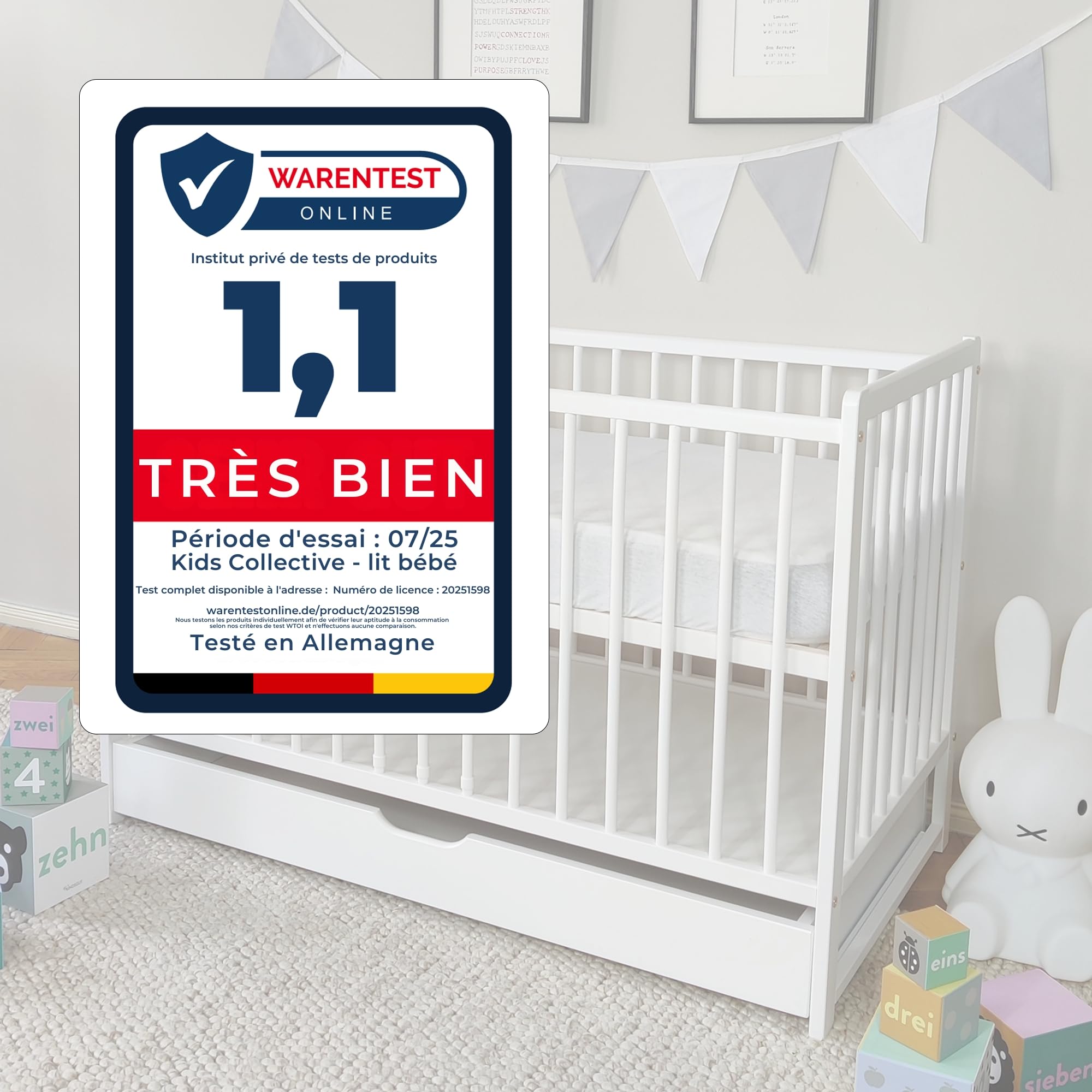 Lit Bébé 60x120 cm Lit à barreaux Évolutif Set Complet avec Matelas et Sommier 3 Hauteurs Tiroir, Barreaux Amovibles | Pin Massif Blanc
