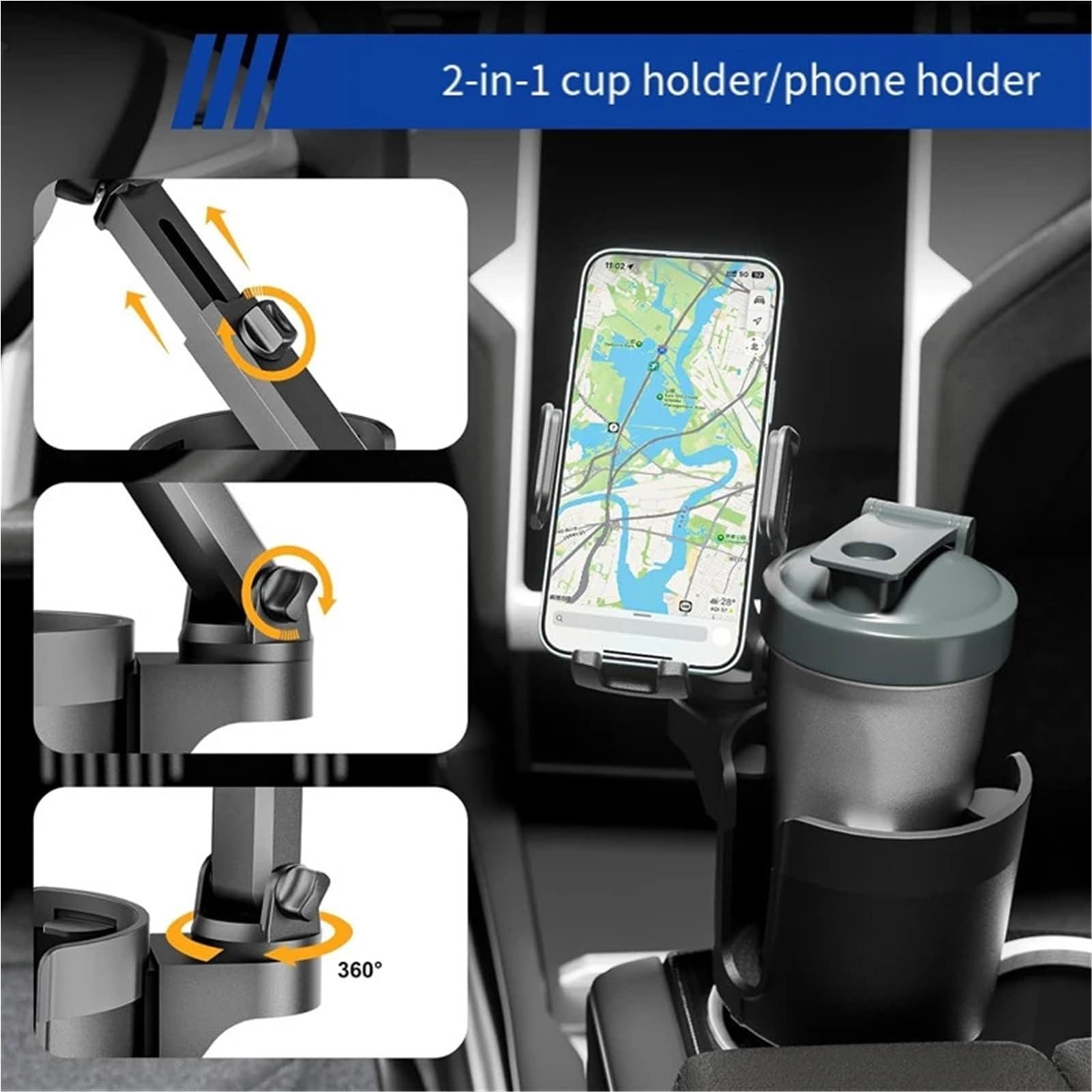 Accesorios Coche Soporte Movil Coche Supporto per Telefono portabicchieri per Auto con Base Regolabile, Rotazione a 360 Gradi Compatibile con Tutti Gli Smartphone