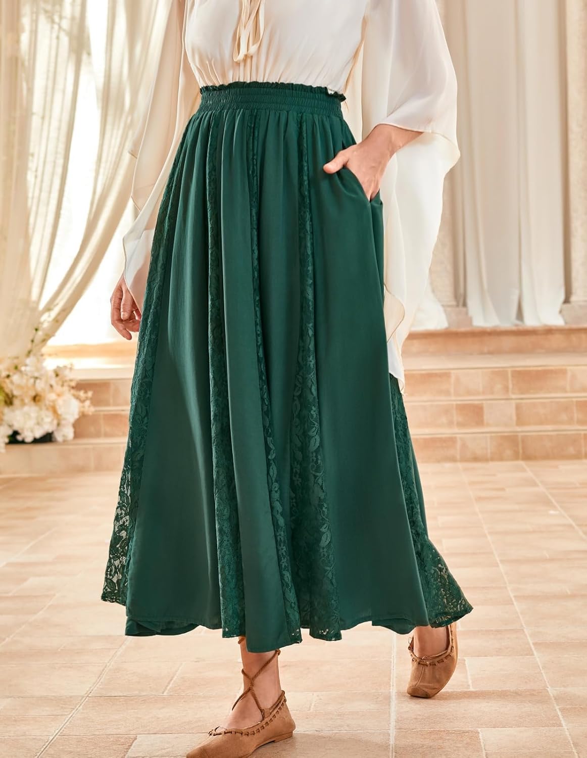 Scarlet Darkness Maxi Skirt for Women Boho Lace Flowy Long Renaissance Skirts with Pockets - Image 2