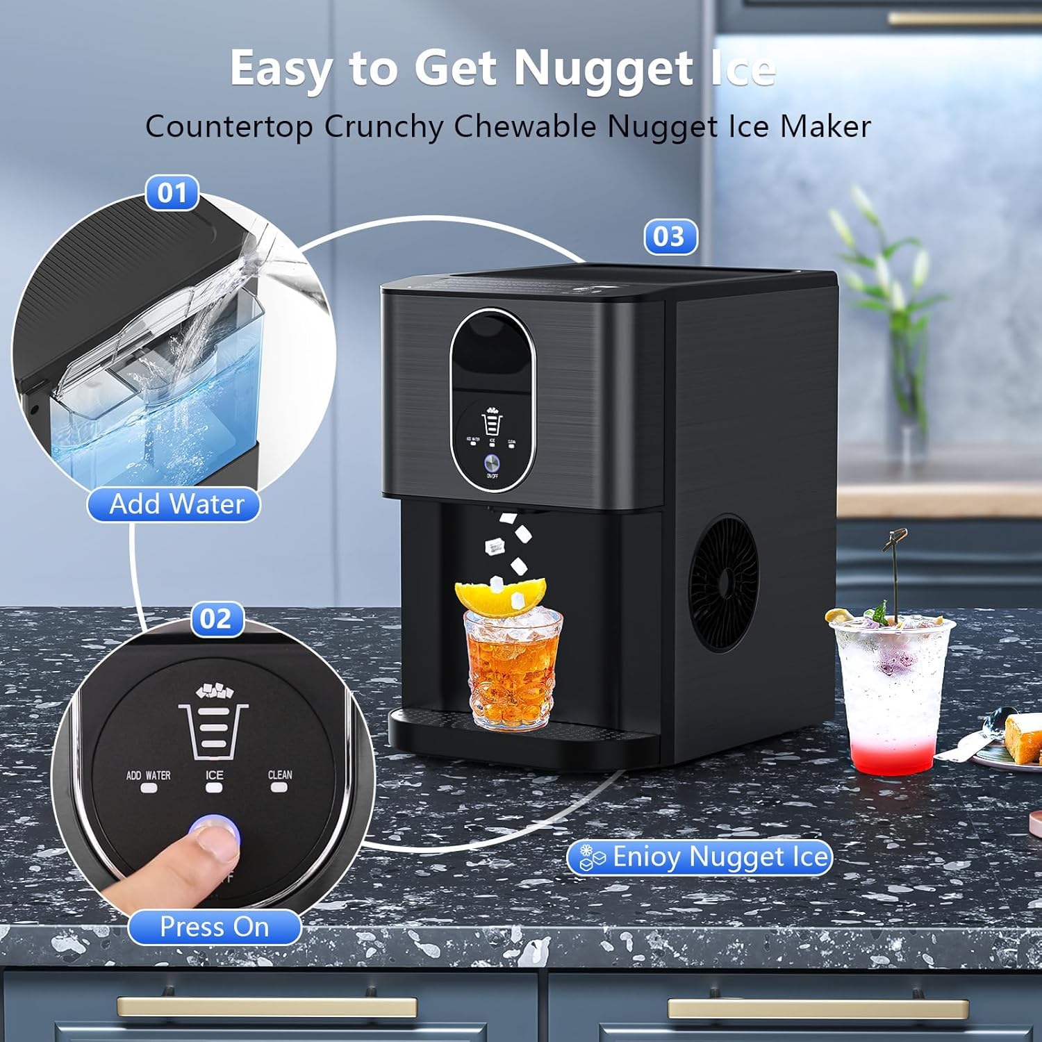 Nugget Ice Makers Countertop, Pellet Ice Maker Machine Dispenser With Water Reservoir, Self-Cleaning, 44lbs/24h Soft Chewable Ice Maker Machine For Home/Kitchen/Office, Black Stainless on Fridge.com - View 4