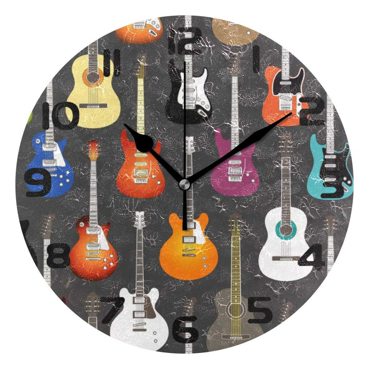 Hunihuni Wall Clock Music Guitar Pattern Silent Non-ticking Clock for Bedroom Living Room Home Office Decor