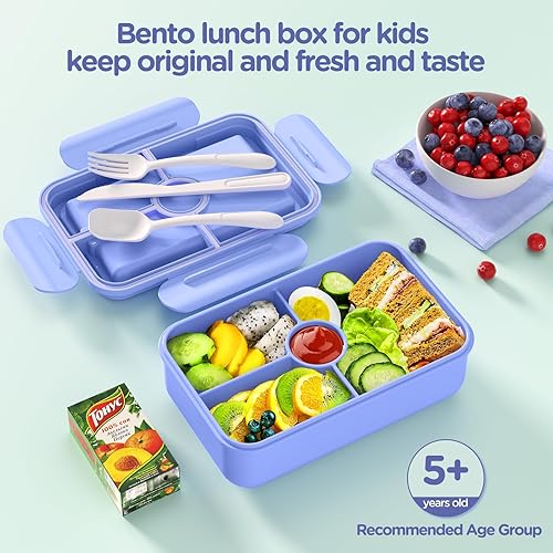 Miniatura 2 de Jelife Lonchera Bento para niños, cajas Bento grandes estilo Bento, a prueba de fugas, con 4 compartimentos, lonchera con cubiertos para niños de