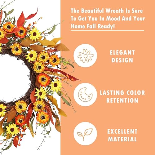Miniatura 4 de Corona de flores artificiales de otoño de 20 pulgadas, corona de flores silvestres para puerta delantera, pared, ventana, granja, decoración