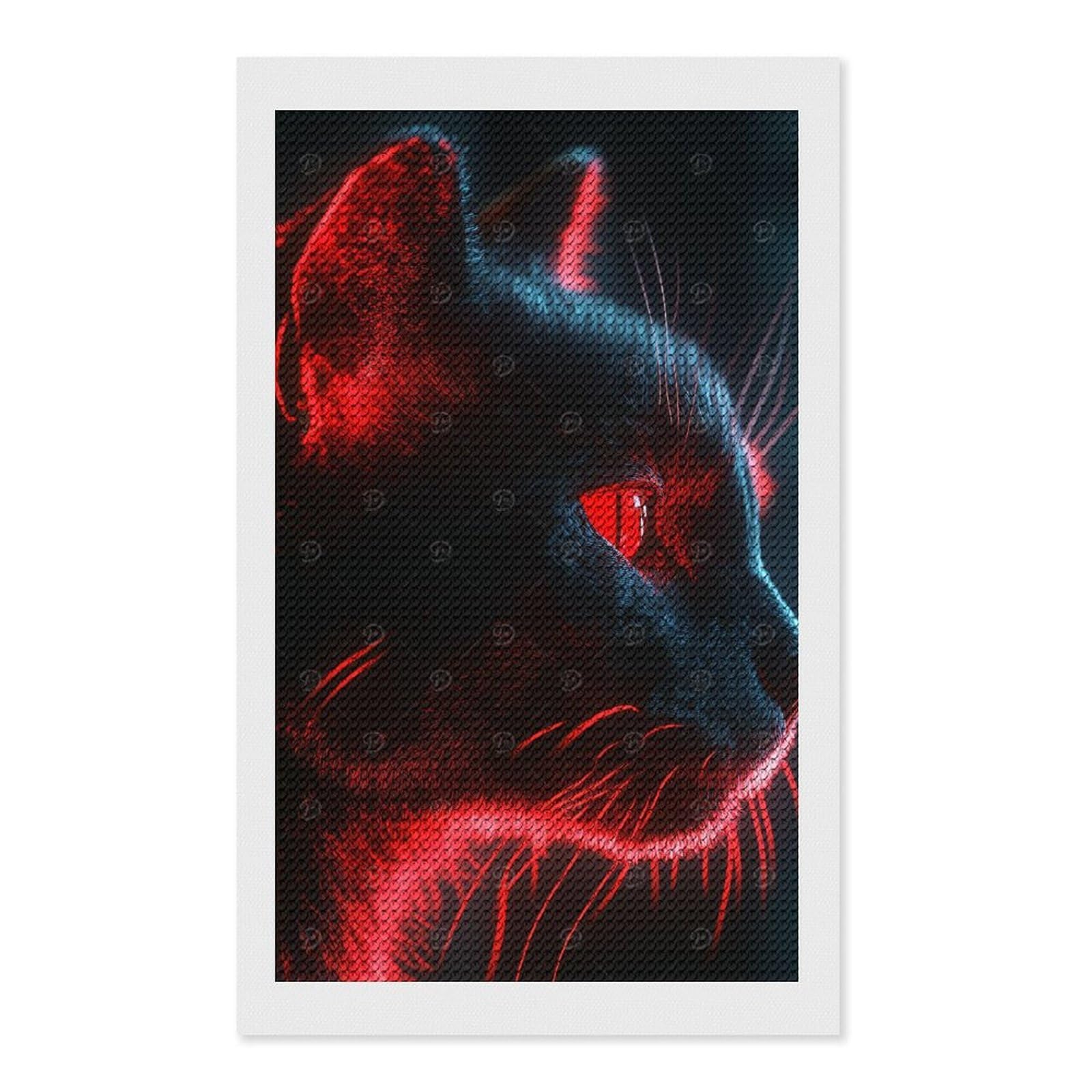 Junmoney Neon Lit Black Cat Portrait Diamond Art Kit 12"x20", Holiday Gift Idea, for Women, Easy Handmade Project, Vintage Style Decor, Printed Canvas