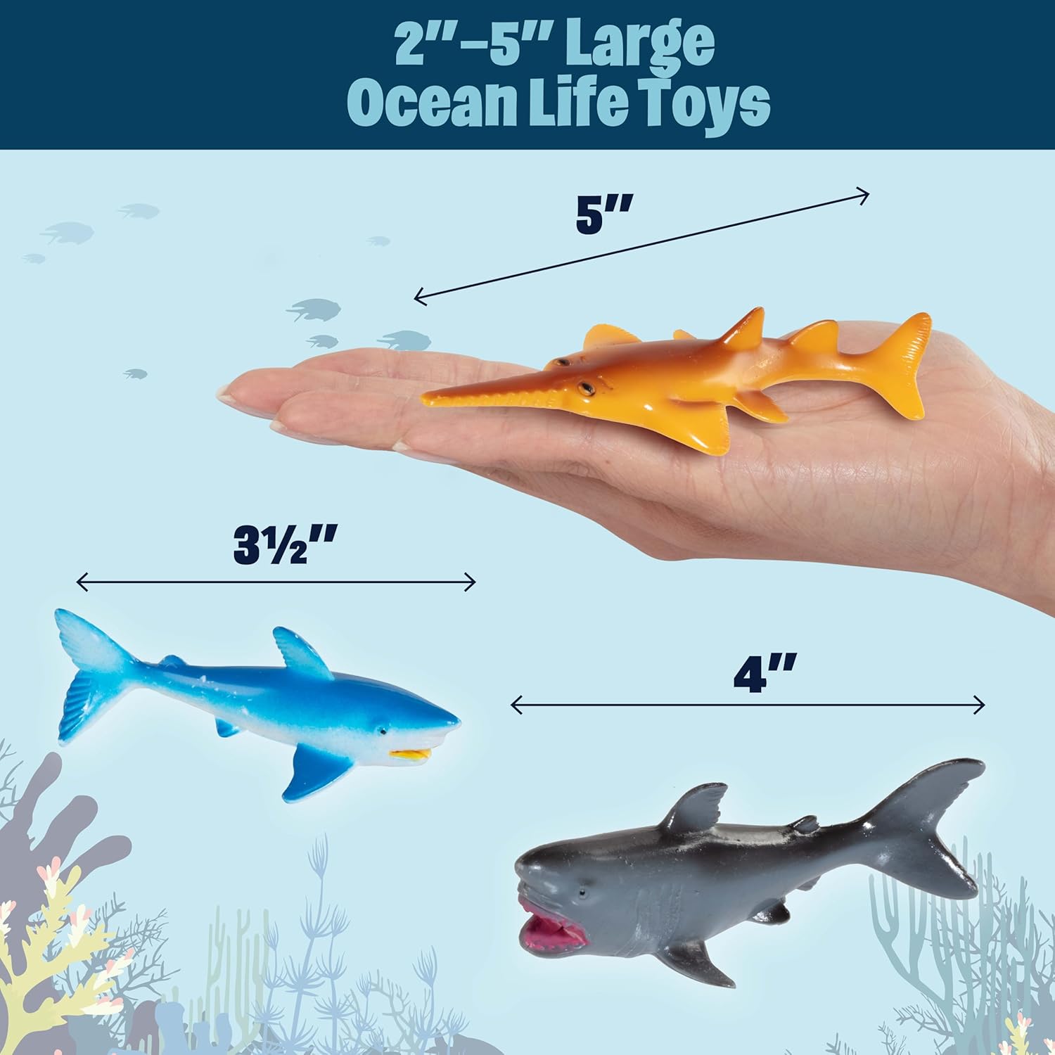 Sharks Toys Action Figure Bucket- 41pc Playset- Fun Deep Sea Fish Set Includes Great White Shark, Hammerhead, Whale & More- Great Bathtub & Sandbox Toy, Party Decorations, Favors, Gifts for Kids