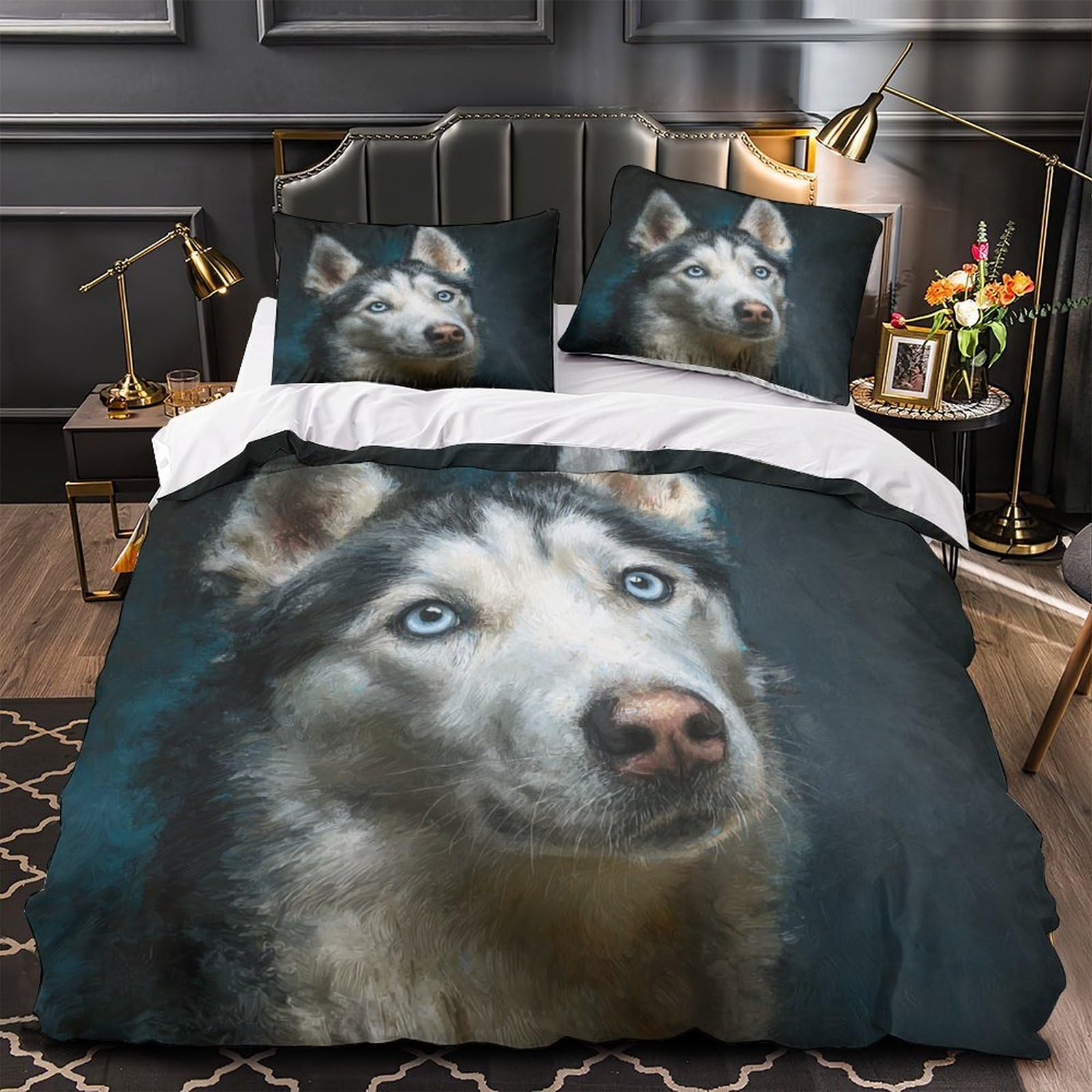 Housse de couette Husky Sibérien 135x200 microfibre 3D portrait de lit single ado filles