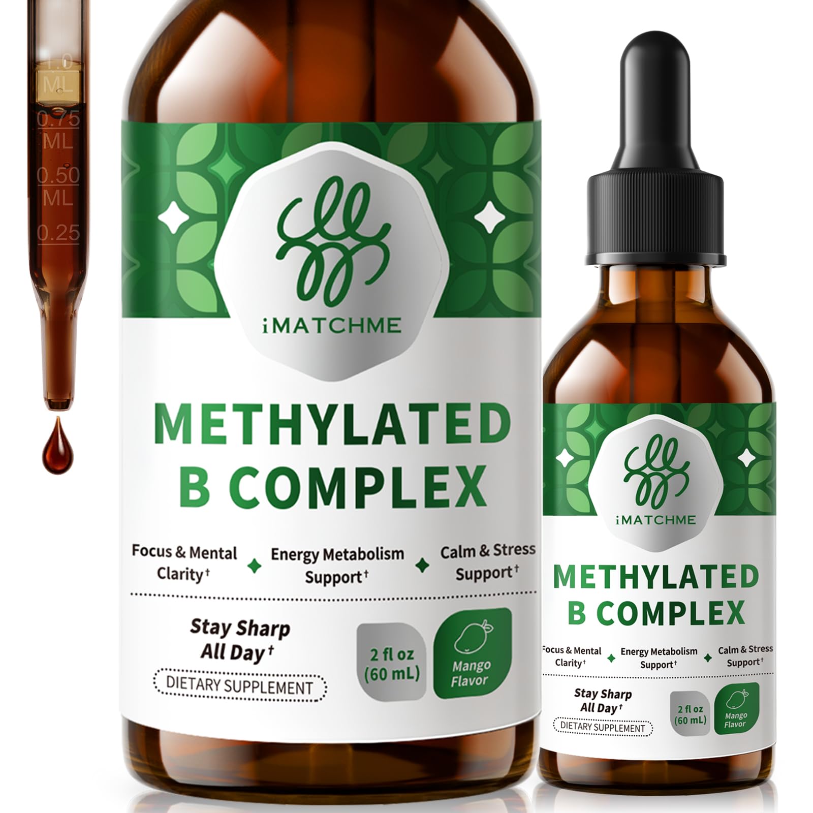 Methylated B Complex Liquid Drops,B12 Vitamins 5000 mcg & Folate,2 Fl OZ