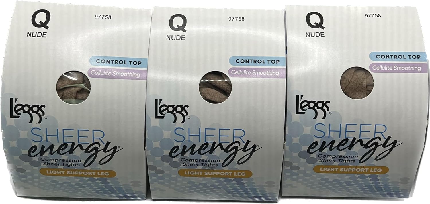 3 packs Women Sheer Energy Control Top Sheer toe anti cellulite/smoothing Panty Hose, By Legg (US, Alpha, Queen, Regular, Regular, nude cellulite smoothing)