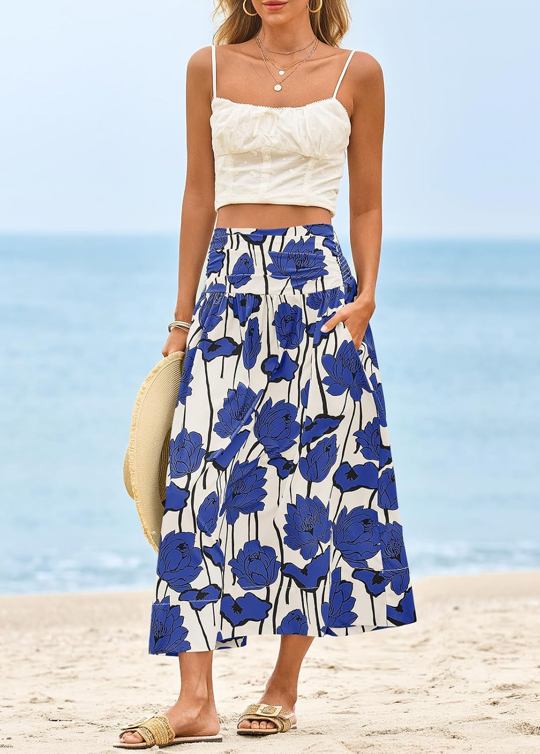 Wenrine Womens Floral Print Maxi Skirt High Waisted A Line Boho Flowy Beach Vacation Long Skirts with Pockets - Image 2