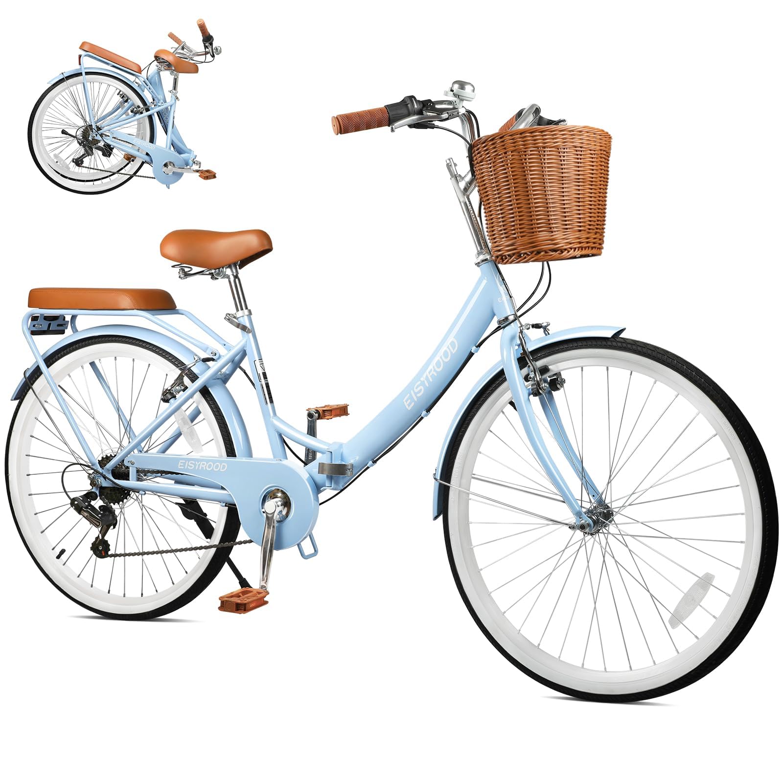 26 Inch Folding Beach Cruiser Bike for Women, 7-Speed Ladies Bike with Basket & Rack, Perfect for City Commuting's Bicycle, Ideal for Women and Adults