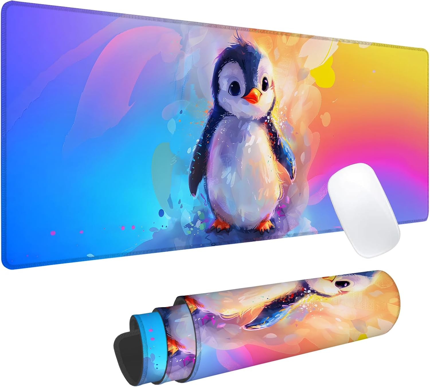 Colorful Penguin Gaming Mouse Pad, Office Desk Mat, Anti-Slip Rubber Base Cool Aesthetic Mouse Pads for Computer Laptop Keyboard School Home Desktop Gamer Home Accessories Decor 31.5" x 11.8"