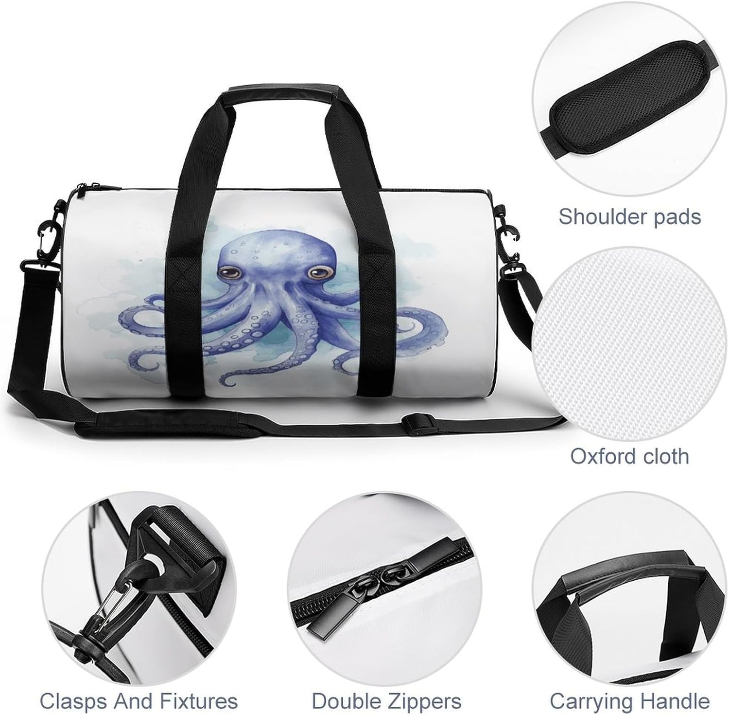 Aesthetic Sports Bag for Women Blue Little Octopus Printed Duffle Travel Bag for Men Women Mini Workout Bags Cylindrical Gym Bag