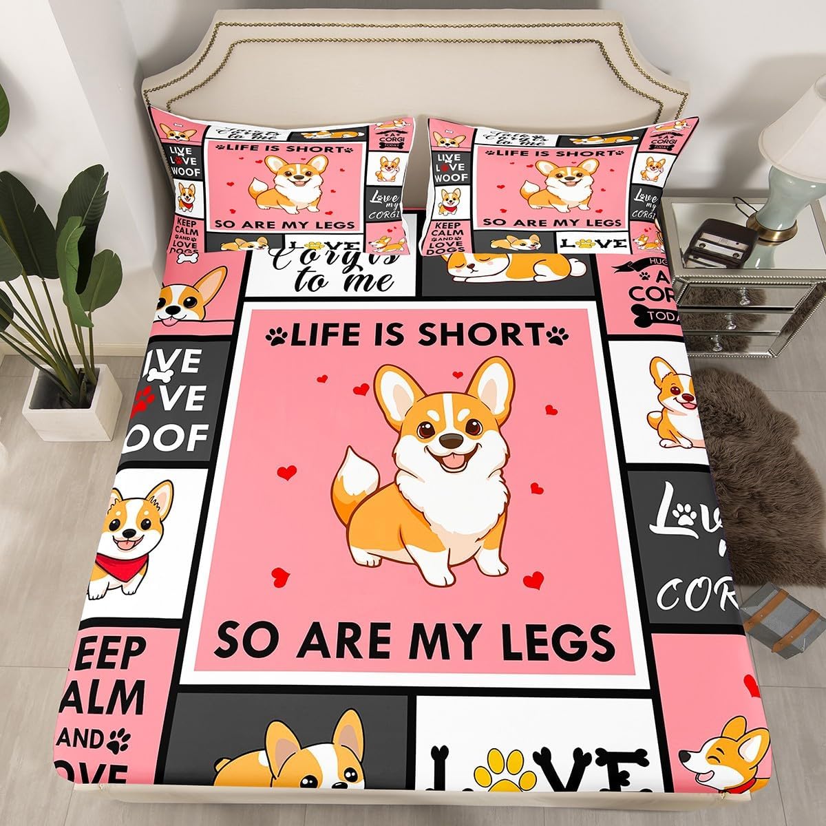 Corgi Fitted Sheet Full Ultra Soft Cute Corgi Bed Sheet for Kids Boys Girls Bedding Set Cute Animals Dog Fitted Sheet for Corgi Lovers Kawaii Puppy Pet Fitted Bed Sheets, Pink Black Grey