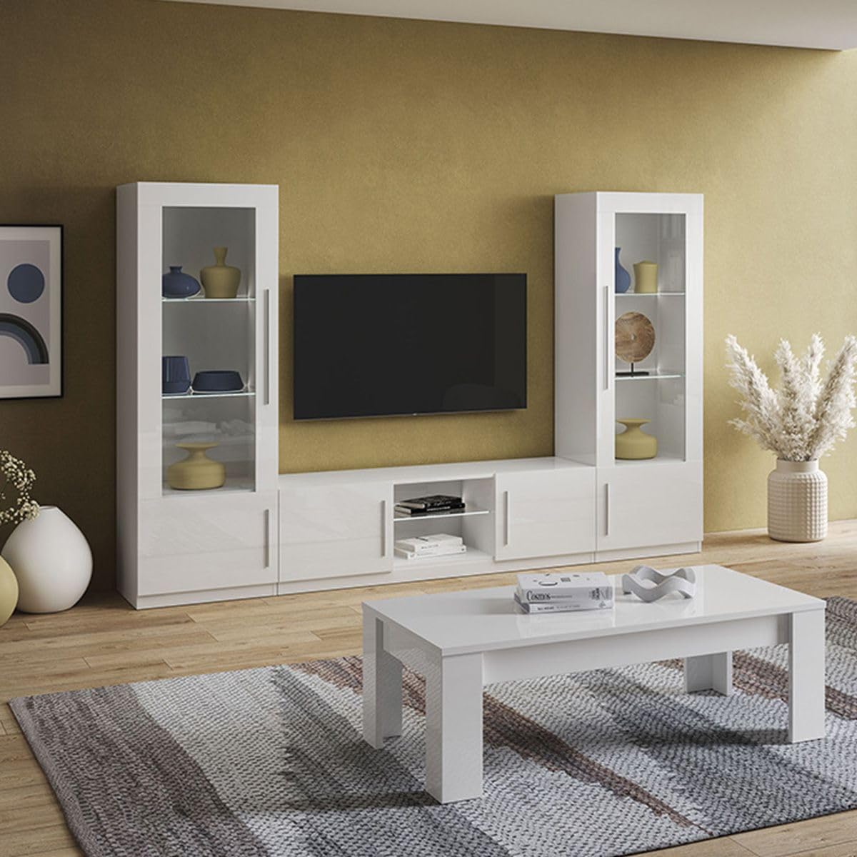 AltoBuy Clark - Vitrine Droite Laquée Blanc Poignées Métal avec LEDs