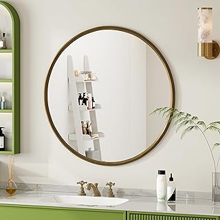 Comprar KAZZIO Espejo redondo de bronce de 80 cm, espejo de baño para pared, marco de metal, para pared, salón, dormitorio, vanidad, entrada, vestíbulo