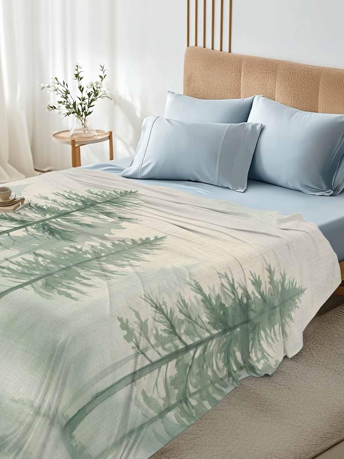 Top Sheet Full Bedding Flat Sheet Only, Watercolor Green Tree Retro Linen Microfiber Bed Sheets Soft Breathable Bedding Flat Sheets, Mist Forest Plant Hotel Luxury Top Sheets