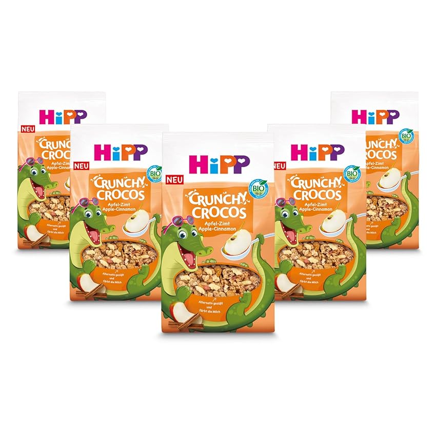 HiPP Crunchy Crocos, Muesli alla Mela e Cannella, Biologico, 5x300g, Cereali per Bambini dai 3 Anni, Ideali per Colazione o Merenda, Colorano il Latte, Divertenti e Nutrienti