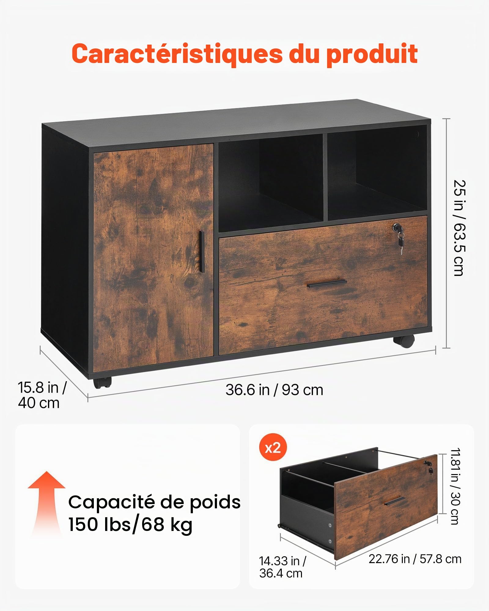 VEVOR Classeur Dossier Mobile en Bois, Meuble de Rangement de Bureau avec Étagères Ouvertes et Tiroir Verrouillable, Support d'Imprimante Autonome, pour Maison, Bureau, École, Marron Rustique