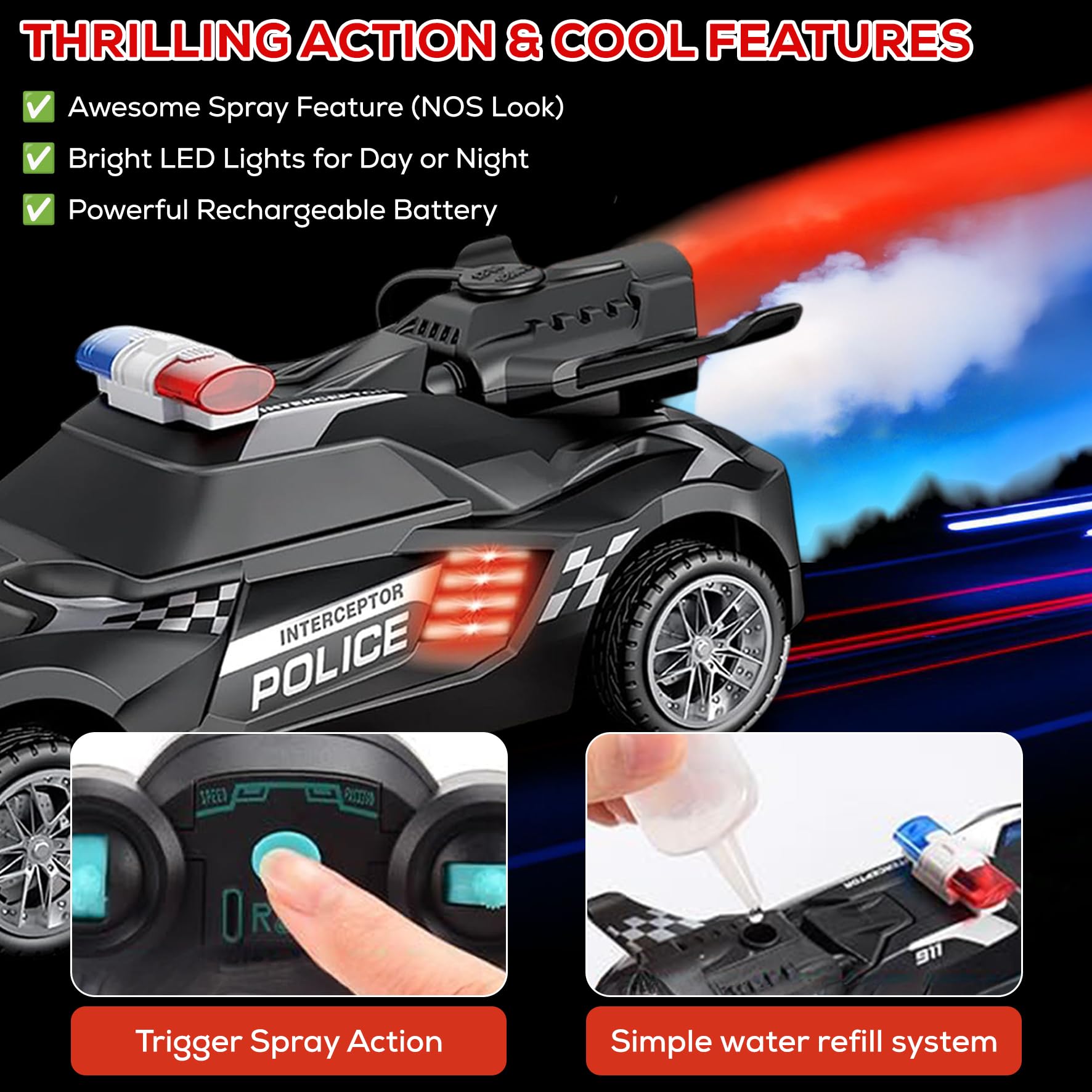 TOOTY TOY Remote Control Car – Police Car Toy with Powerful Motor, Anti-Slip Rubber Tire – RC Cars with Stunt Spray Button – Unique Smoke Effect and Water Injection