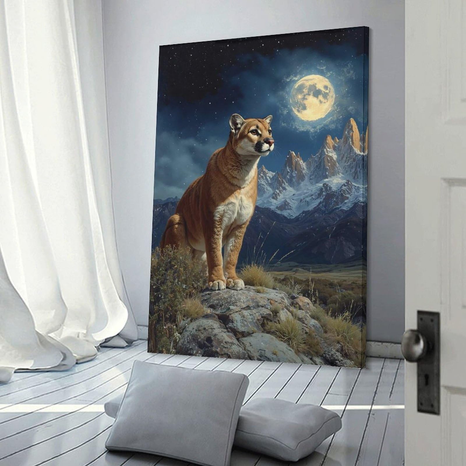 Junmoney Frame-Style-13-1 Cougar Under The Moonlight Home Decor Wall Art, 24X36inch(60X90cm), For Calm Bedrooms, Home Corners Or Flats, Canvas Wall Decor For Personal Spaces