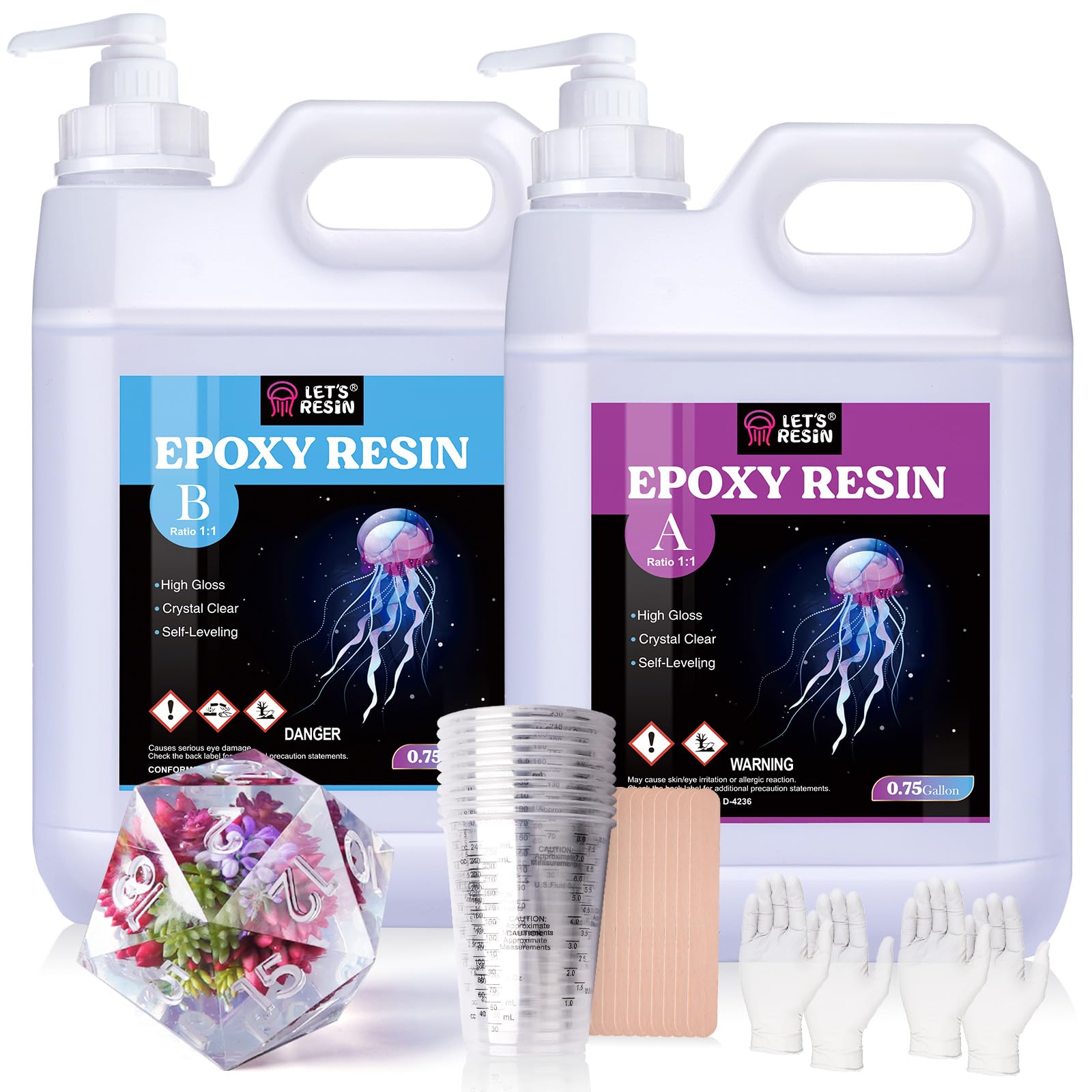 Resin Epoxy Kit, 1.5 Gallon Bubble Free & Crystal Clear Epoxy Resin Supplies with Measuring Cups,Stir Stick,Gloves,Resin and Hardener for Mold Casting,Jewelry,Art,Craft