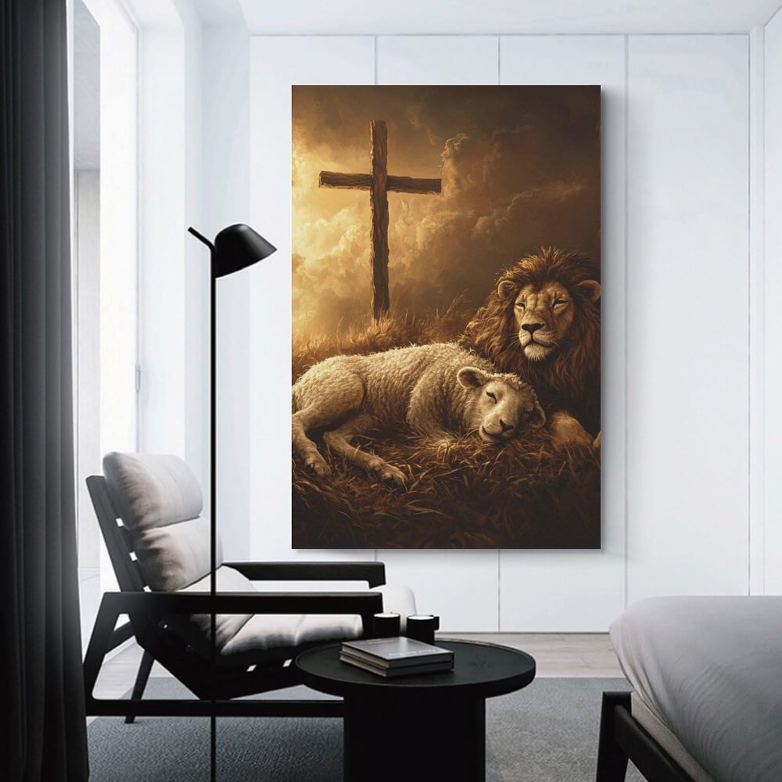 Junmoney Unframe-Style-7 Peaceful Lion And Lamb Scene Wall Picture Print, 20X30inch(50X75cm), For Lounge, Study, Hallway Or Flat Walls, Canvas Wall Art That Fits Changing Layouts