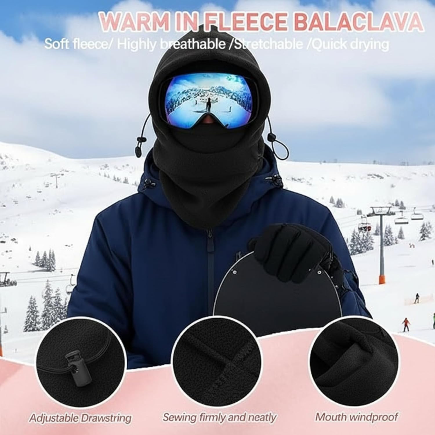 Boao 2 Pcs Winter Hood Balaclava Fleece Ski Face Mask for Men Women Cold Windproof Black Neck Full Sports Warmer Cap - Image 3