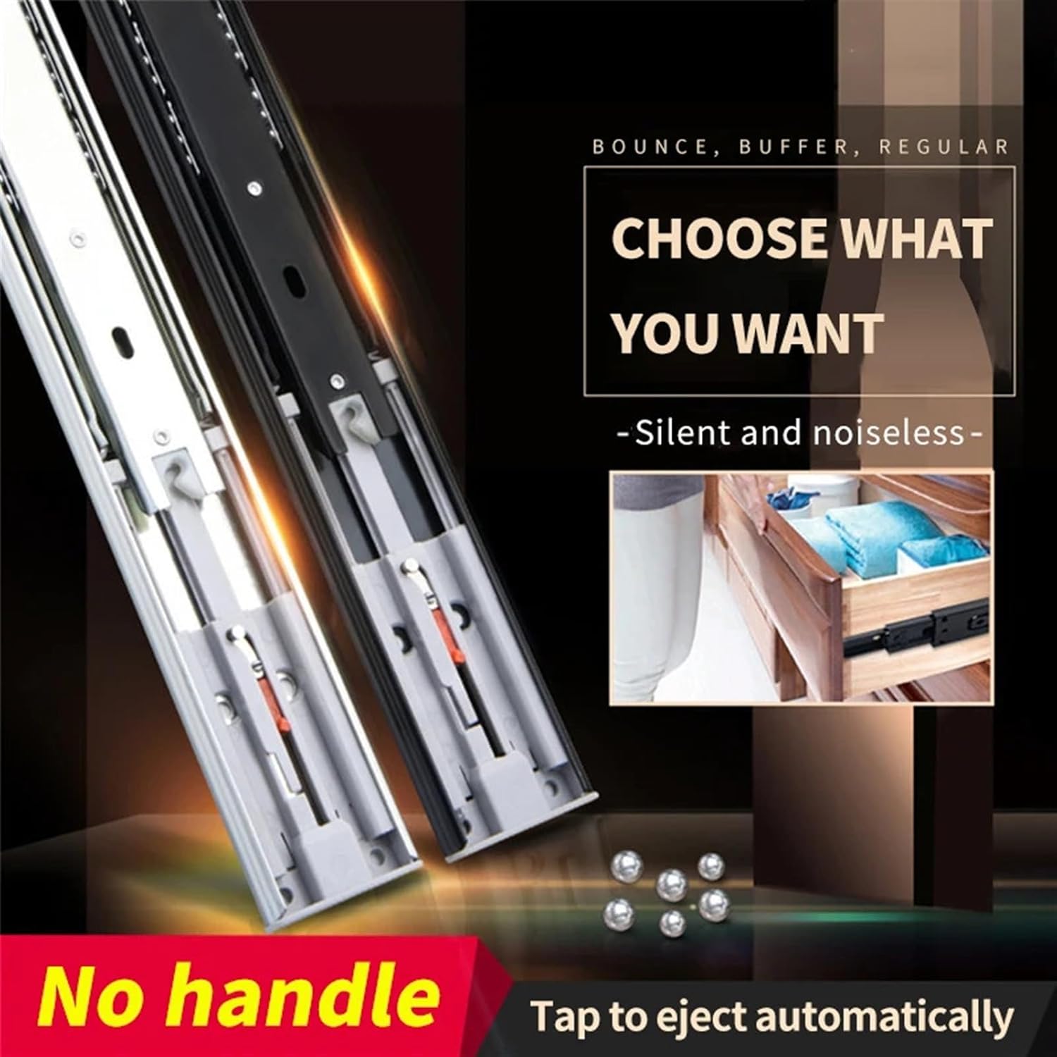 45Mm 10-24" Black Galvanized Ball Bearing Drawer Slide Rail Suitable for Furniture Drawers, 1 Pair 2 Pieces(Rebound,14 inches 350mm)