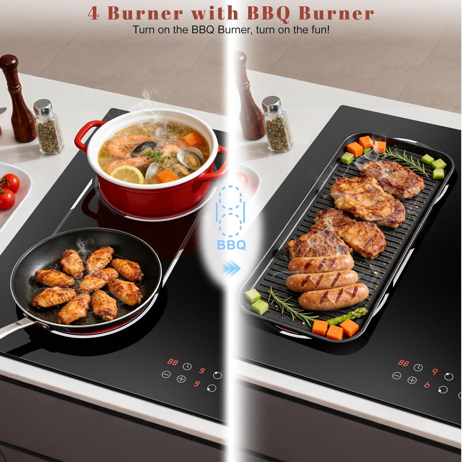 24 Inch Electric Cooktop Built-in, 4 Burner Electric Stove with 6900W Total High Power, 24" Ceramic Cooktop with BBQ Burner, Touch Control, Child Safety Lock, 220V-240V Hard Wire, No Plug