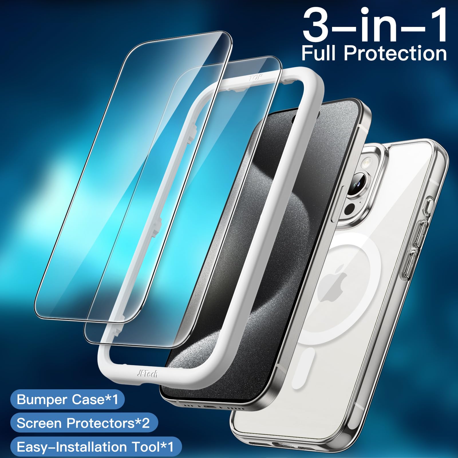 JETech Cover Magnetica Per IPhone 15 Pro 6,1" + 2 Pellicole Vetro Temperato, Compatibile MagSafe