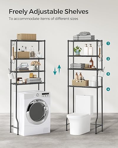 Miniatura 5 de SONGMICS Almacenamiento de 4 niveles sobre el inodoro, estante de almacenamiento de metal, estantes ajustables, 4 ganchos, soporte para rollo,