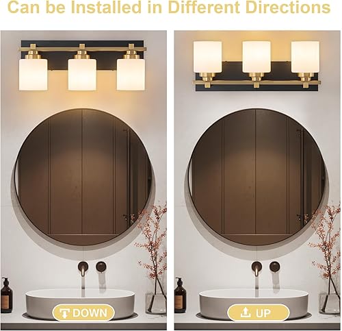 Miniatura 4 de 3 lámparas modernas de baño sobre el espejo, luces de tocador de oro negro para apliques de pared de baño con pantallas de vidrio blanco lechoso