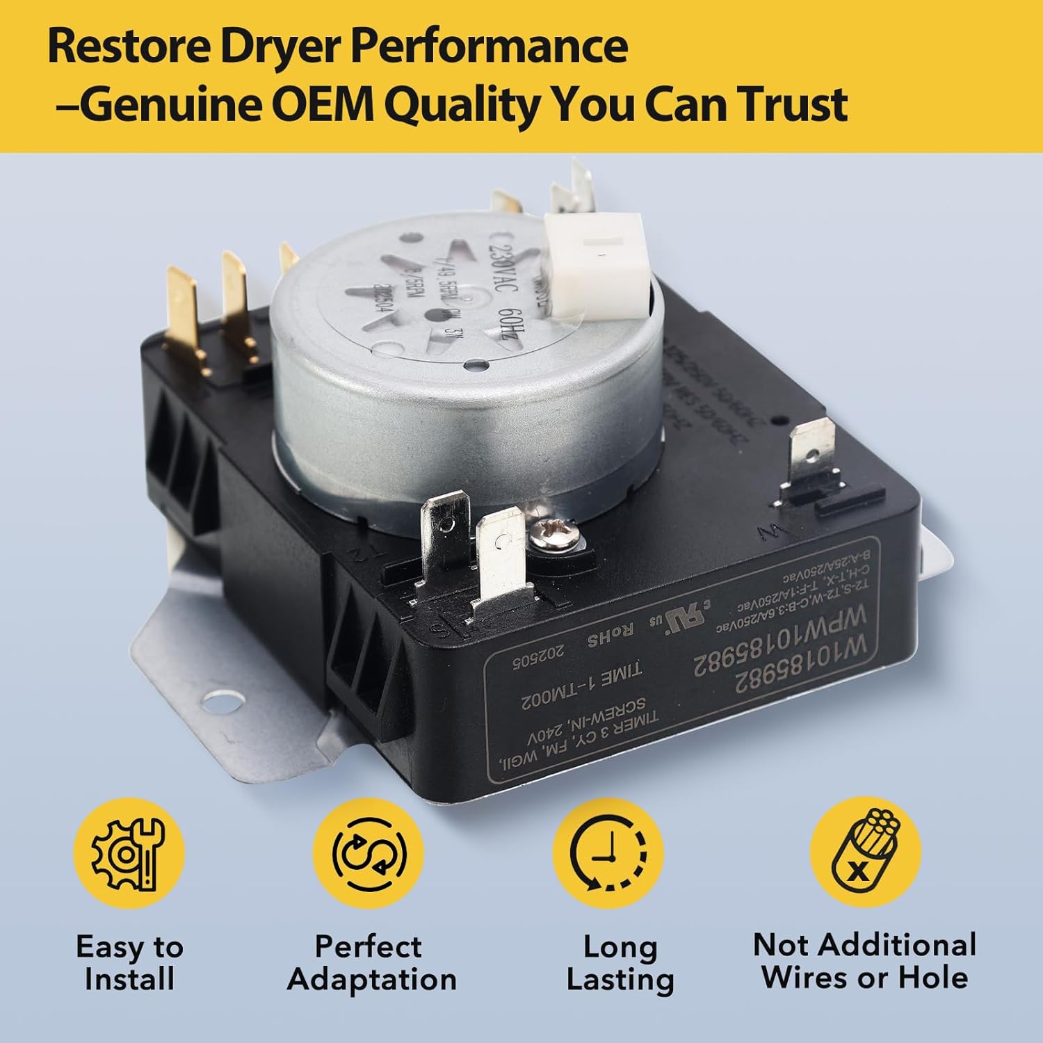 W10185982 WPW10185982 Dryer Timer Replacement, Genuine OEM Quality, Replaces 418-618-20-B5, AP6016541, PS11749831, 1546812, Fits Whirlpool, Maytag, Kenmore, Crosley Dryers, 2-Year Warranty
