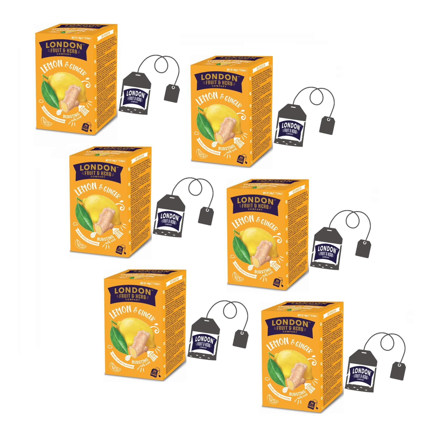 London Fruit® | Napar Cytrynowo-Imbirowy | Napar cytrynowo-imbirowo-limonkowy w pojedynczych saszetkach bez kofeiny - 6 x 20 filtrów (240 gr) | Napar trawienny