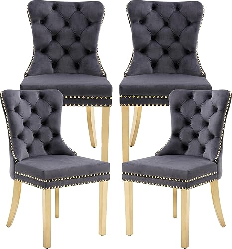 Miniatura 45 de Juego de 2 sillas de comedor, sillas de terciopelo copetudas con patas de acero inoxidable doradas, anillo de metal con ribete de remache, respaldo