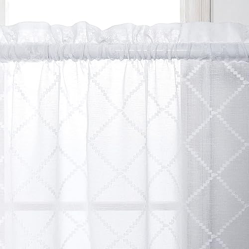 Miniatura 3 de Cortinas blancas para fregadero de cocina de 36 pulgadas de largo, juego de 2 paneles con bolsillo para barra, patrón geométrico, textura de lino,