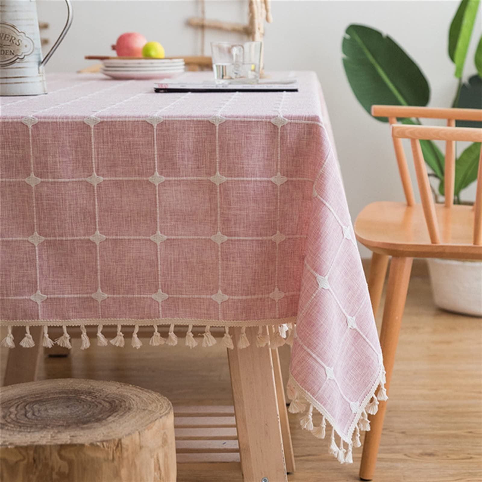 Japan Style Cotton Linen Obrus ​​Niebieskie Paski Chusta Haftowane Prostokątny Stół Obrus ​​Dekoracje Kuchenne Domu Tabeli Pokrywy(Pink,110x110cm)