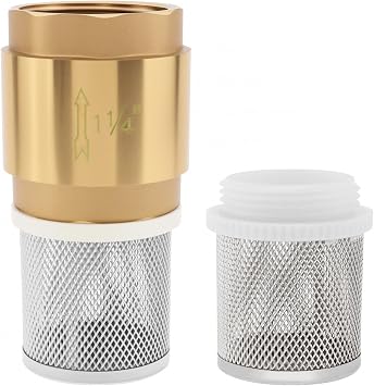 1-1/4" Foot Valve with Filter, DN32 Brass Bottom Valve Prevent Backflow Non Return Spring Check Valves with 2 Pcs Mesh Strainer Filter for Water Pump Irrigation, Industrial Piping System 1-1/4 inch