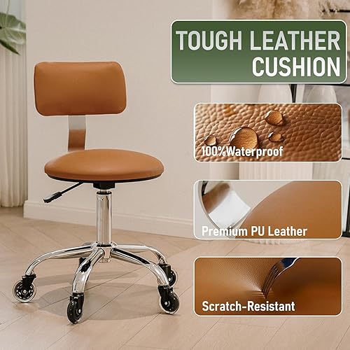 Miniatura 3 de Taburete enrollable con ruedas, taburete ajustable en altura con soporte para la espalda, silla de taller resistente con cojín de asiento de piel