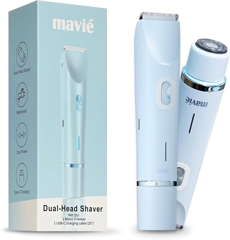 Aparador para virilha MAVIÉ com duas cabeças, uso facial e corporal, sem fio, recarregável, azul