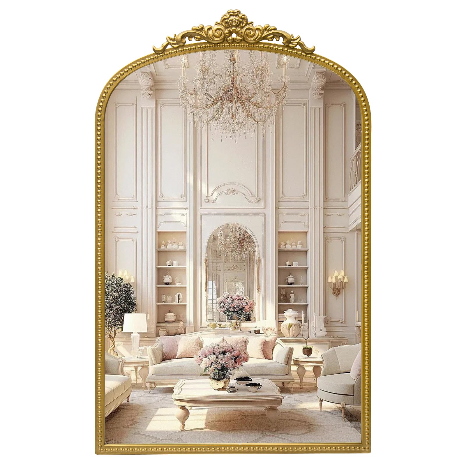 Fobule 24" x 38" Antique Gold Arch Bathroom Mirror, Traditional Beaded Frame Wall Mirror, Retro Baroque Inspired Decorative Mirror for Vanity Bedroom Entryway Mantel