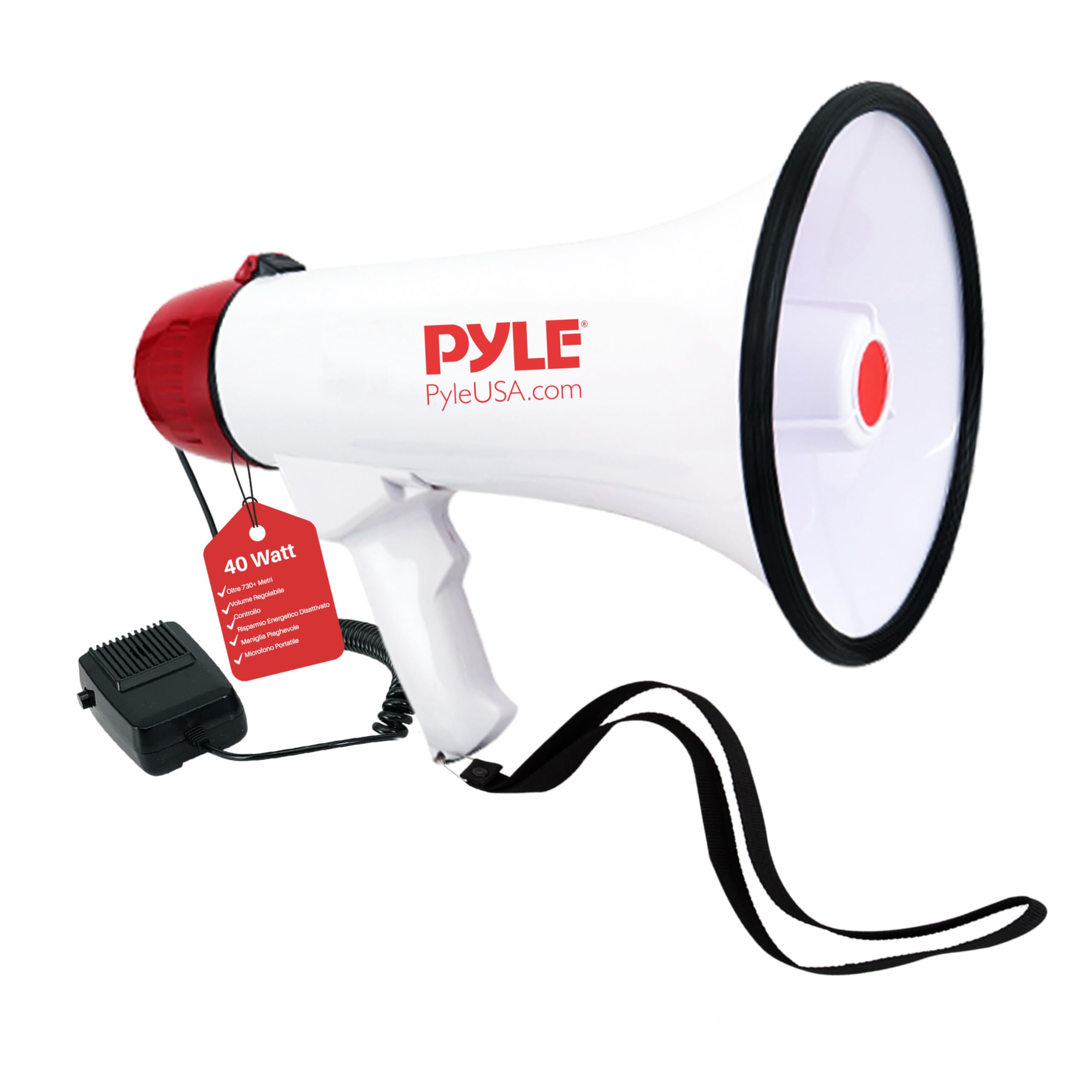 Pyle Megafono 40 Watt, Megafono Portatile con Suono Chiaro e Manico Ergonomico, Multifunzione con Talk, Sirena e Controllo Volume, Microfono Staccabile