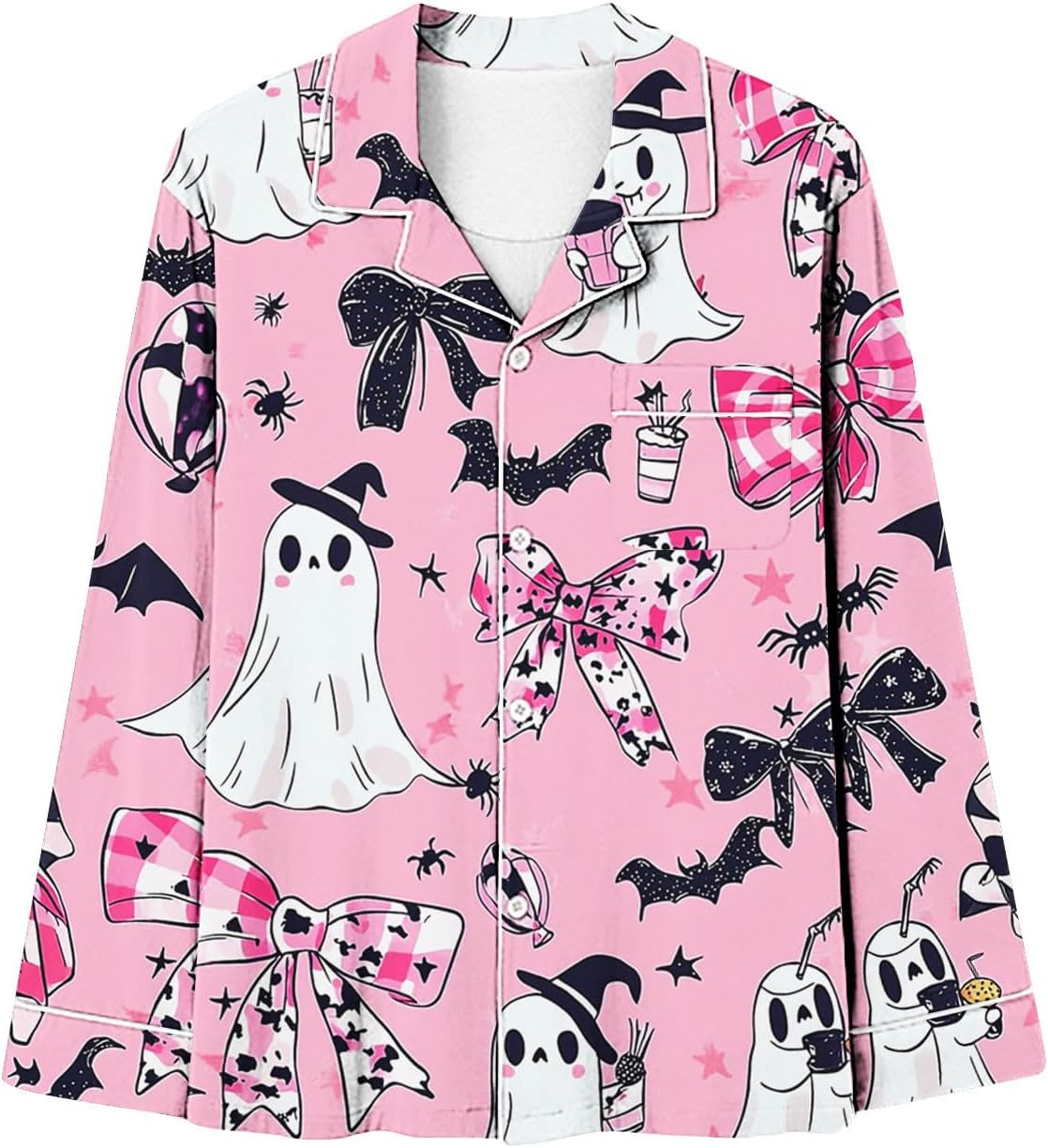 Ladies Halloween Print Pajamas Set Button Down Sleepwear Two Piece Set | Printed Long Sleeve Shirt Loose Pants, Fall Winter Nightwear, Loungewear for Wedding, Party, Home, Daily Wear, Date Nights