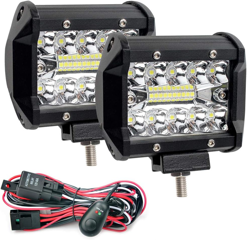 GES Waterproof LED Light Bars with Wring Harness, 2Pcs 4Inch 120W Pod Flood Spotlight Off Road Lights Fog Lights for SUV Jeep Trucks ATV Cars