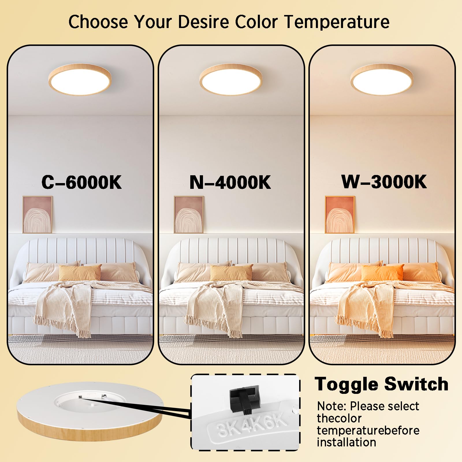Led De Grano De Madera Lampara Techo Montaje Empotrado,Ultrafino Moderno Plafon Led Techo,24W 3000K/4000K/6000K Seleccionable,Redondo Lamparas De Techo Salon Para Sala De Estar,Cocina,SalóN,Pasillo