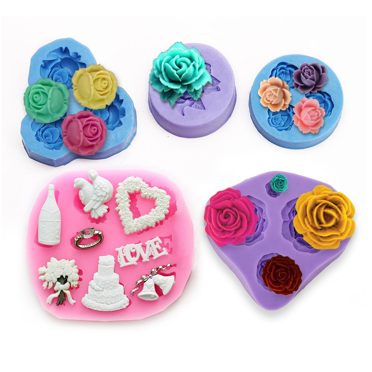 5PCS Silicone Fondant Rose Flower Love Heart Wedding Valentine's Chocolate Candy Sugar Cake Sugarpaste Decoration Mould