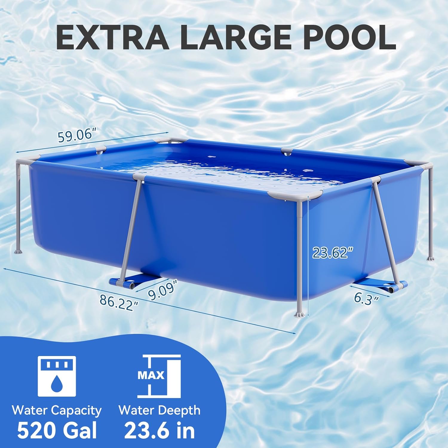 8' X 6' X 23'' Metal Frame Swimming Pool for Family, Rectangle Above Ground Pool for Adults & Kids, Easy Setup for Outdoor, Backyard, Garden, Camping - Durable PVC, Pump Not Included