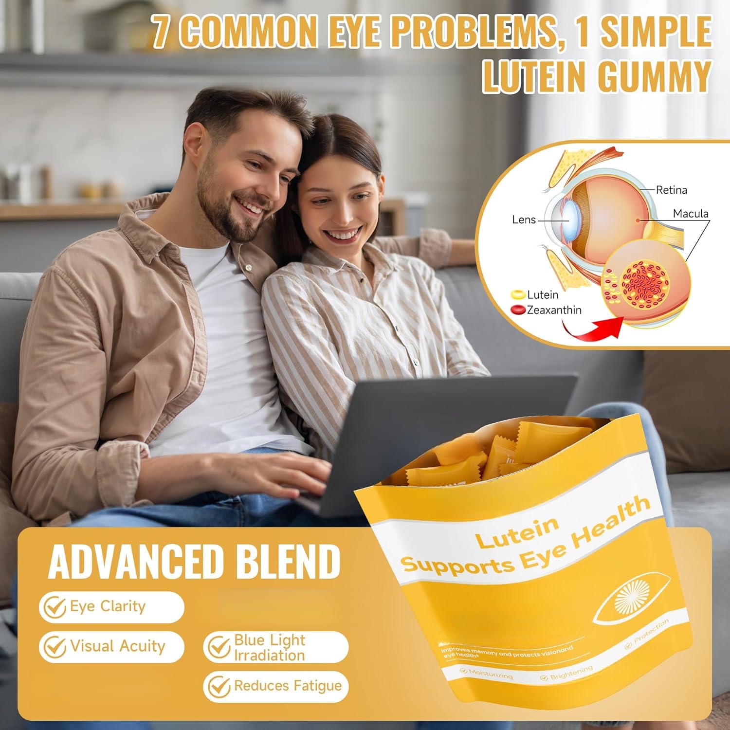 Caramelle gommose alla luteina (due buste) Sapore naturale | Allevia l'affaticamento visivo – Filtra la dannosa luce blu – Bonus extra per la salute