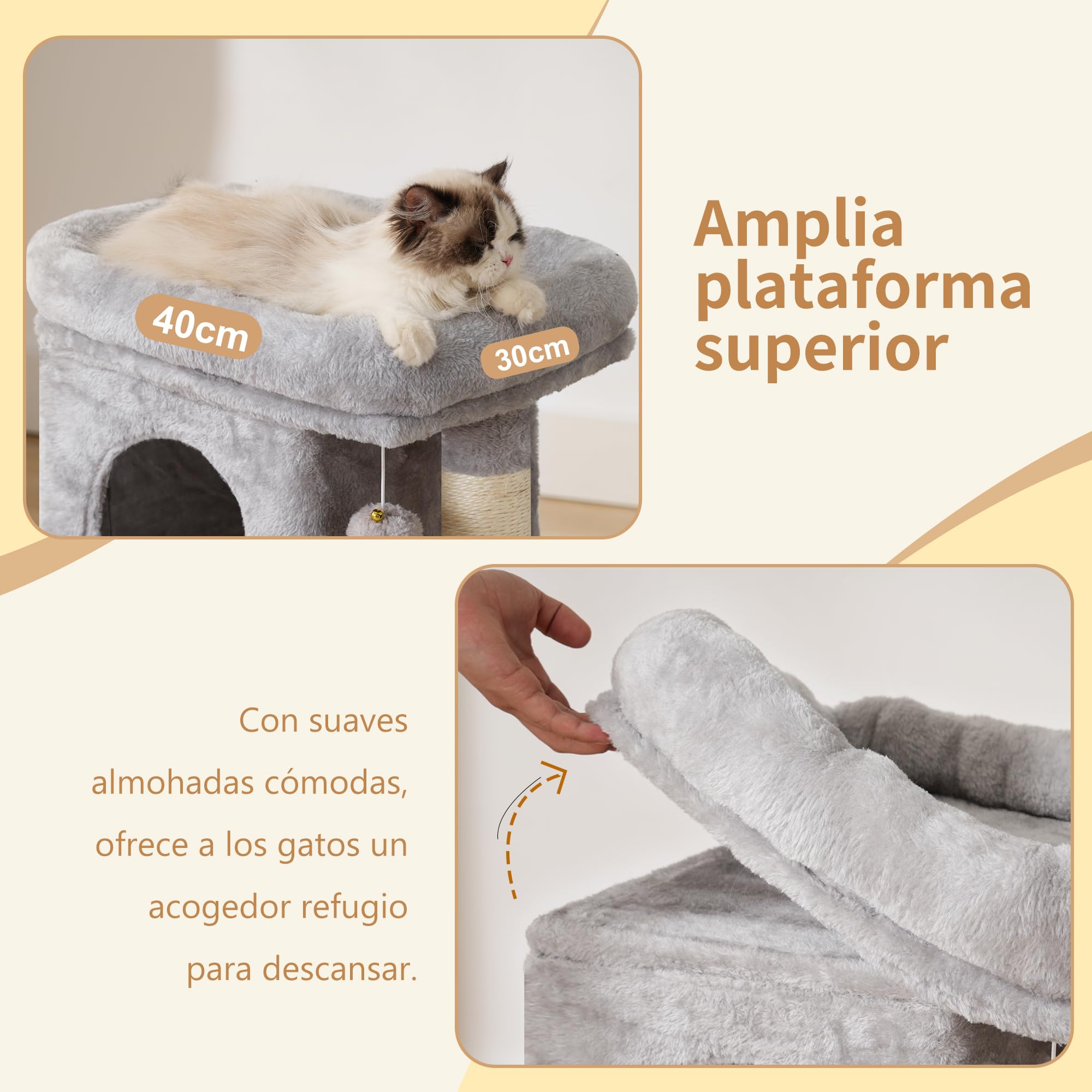 Heybly Árbol Rascador para Gatos, 75 cm De Alto Torre para Gatos con Plataforma Superior, Madriguera, Hamaca, Escalera para Trepar, Juguetes para Gato, Gris Claro HCT009SW