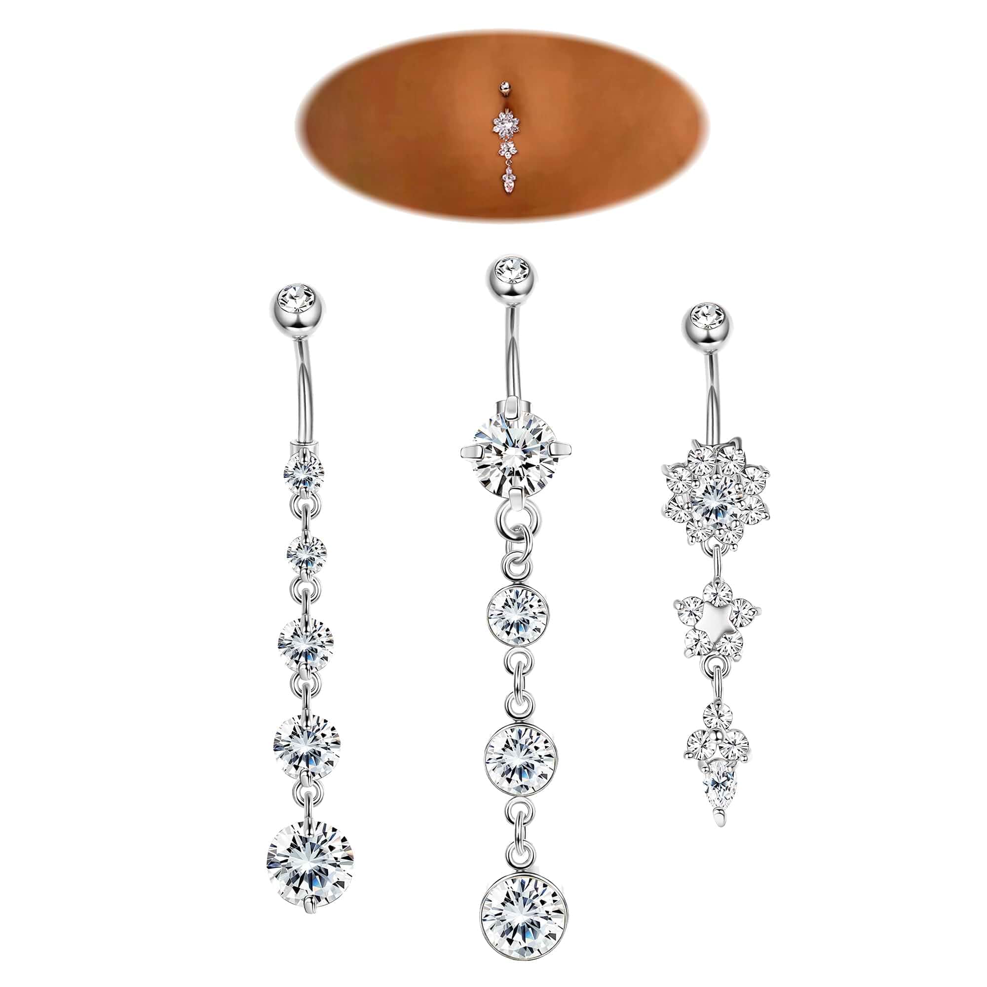 JOERICA 3-6Pcs 14G 316L Stainless Steel Belly Button Rings for Women Flower CZ Dangle Belly Button Rings Navel Piercing Jewelry